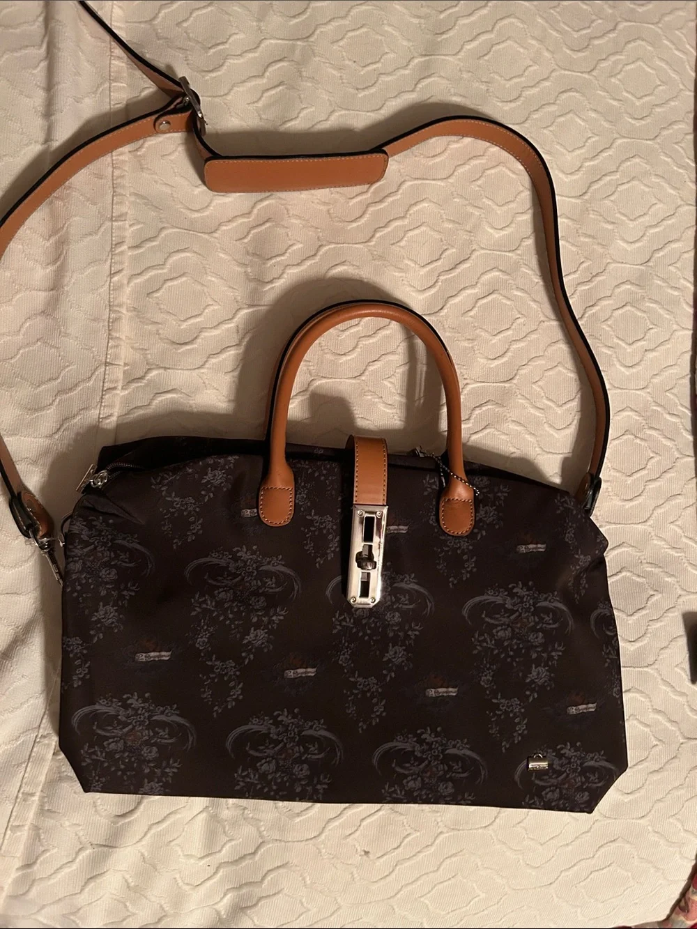 Structured Brown Satchel with Tan Handles and Detachable Strap